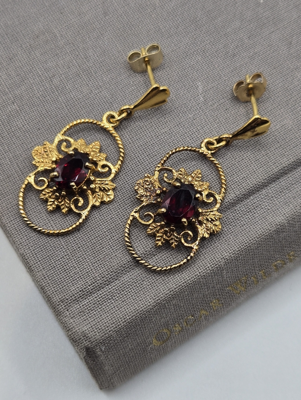 Gold Scroll Filigree Garnet Earrings Victorian Revival Whimsigoth Chandelier 